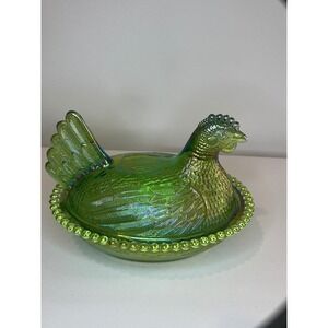 Indiana Glass Tiara Hen on Nest Green Carnival Iridescent Farmhouse Decor